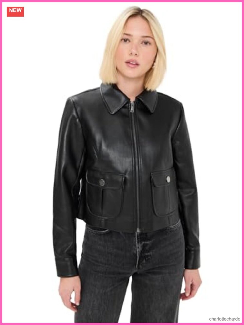 Faux Leather Moto Jacket Collared Snap Cuffs Flap Pockets